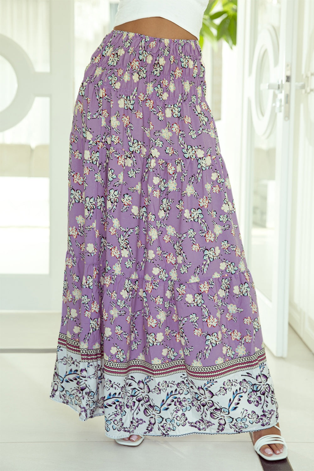 Tiered Floral Printed Skirt- Lavender