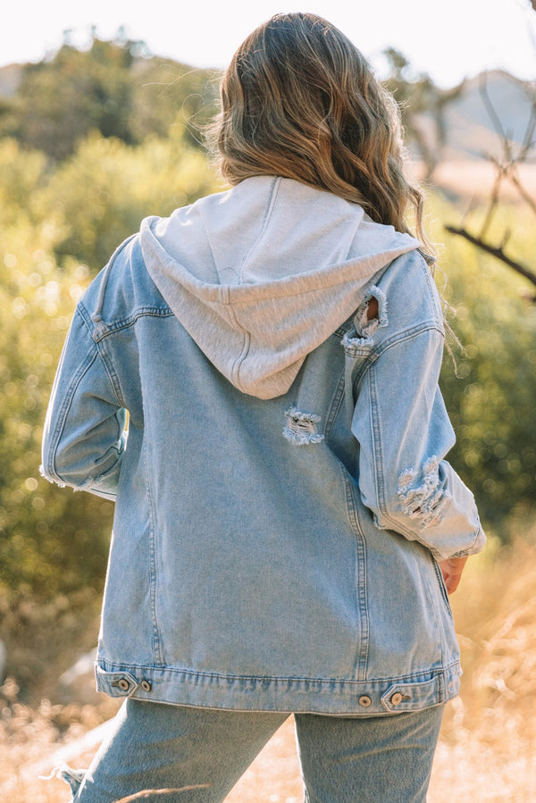 Distressed Button Closure Hooded Denim Jacket