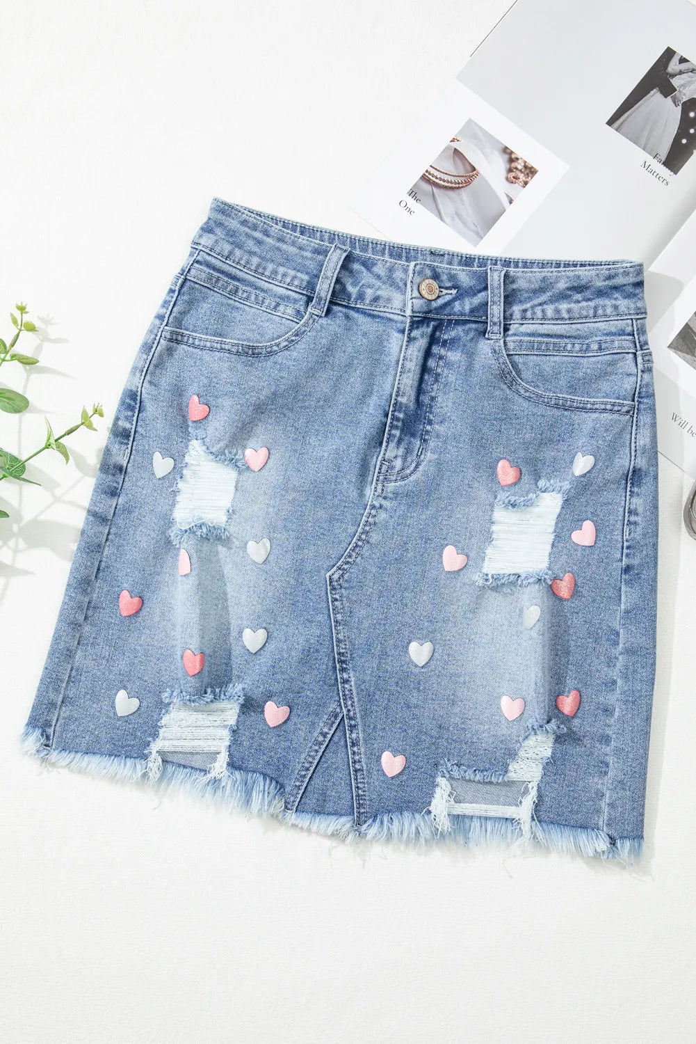 Valentines's Heart Distressed Denim Mini Skirt