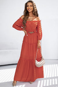 Off Shoulder Long Sleeve Maxi Dress- Orange