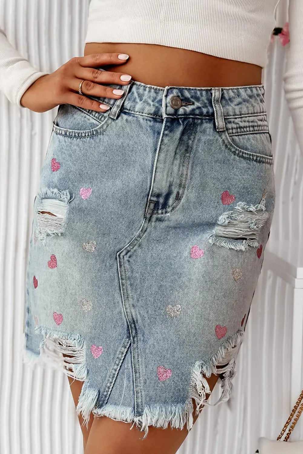 Valentines's Heart Distressed Denim Mini Skirt