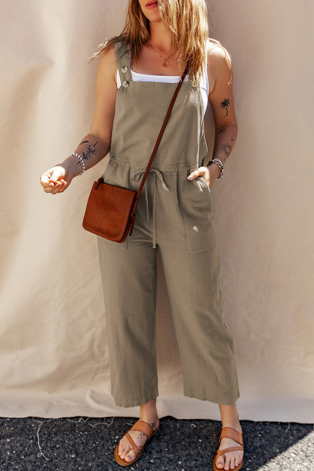 Drawstring Cropped Overall- Sage Green