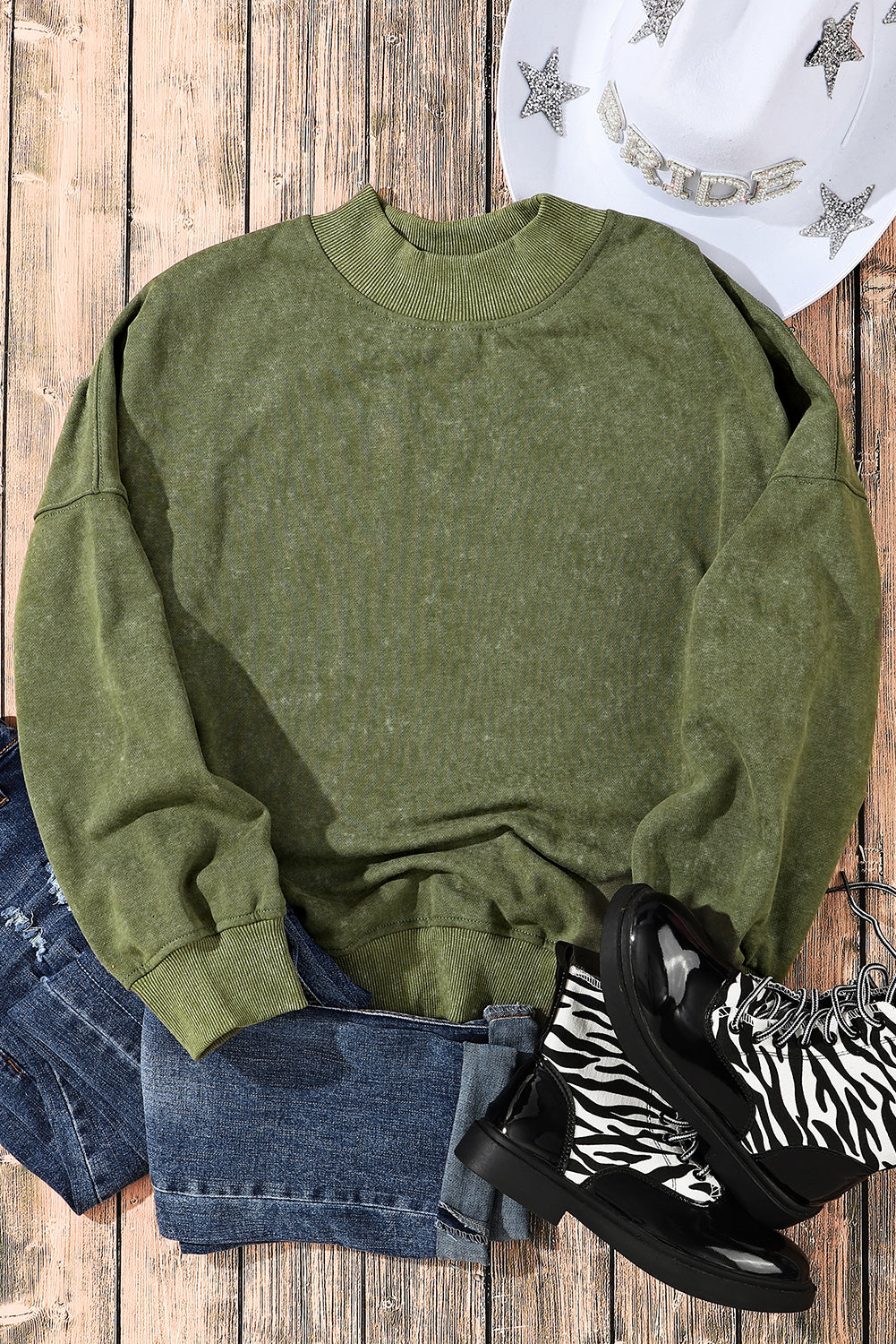 Crew Neck Acid Washed Sweatshirt- Green