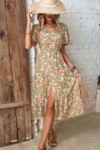 Perfee Floral V-Neck Front Slit Dress