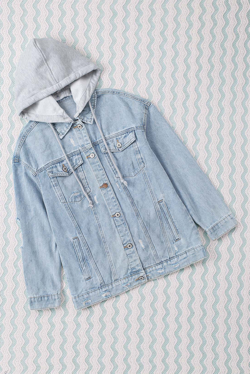 Distressed Button Closure Hooded Denim Jacket