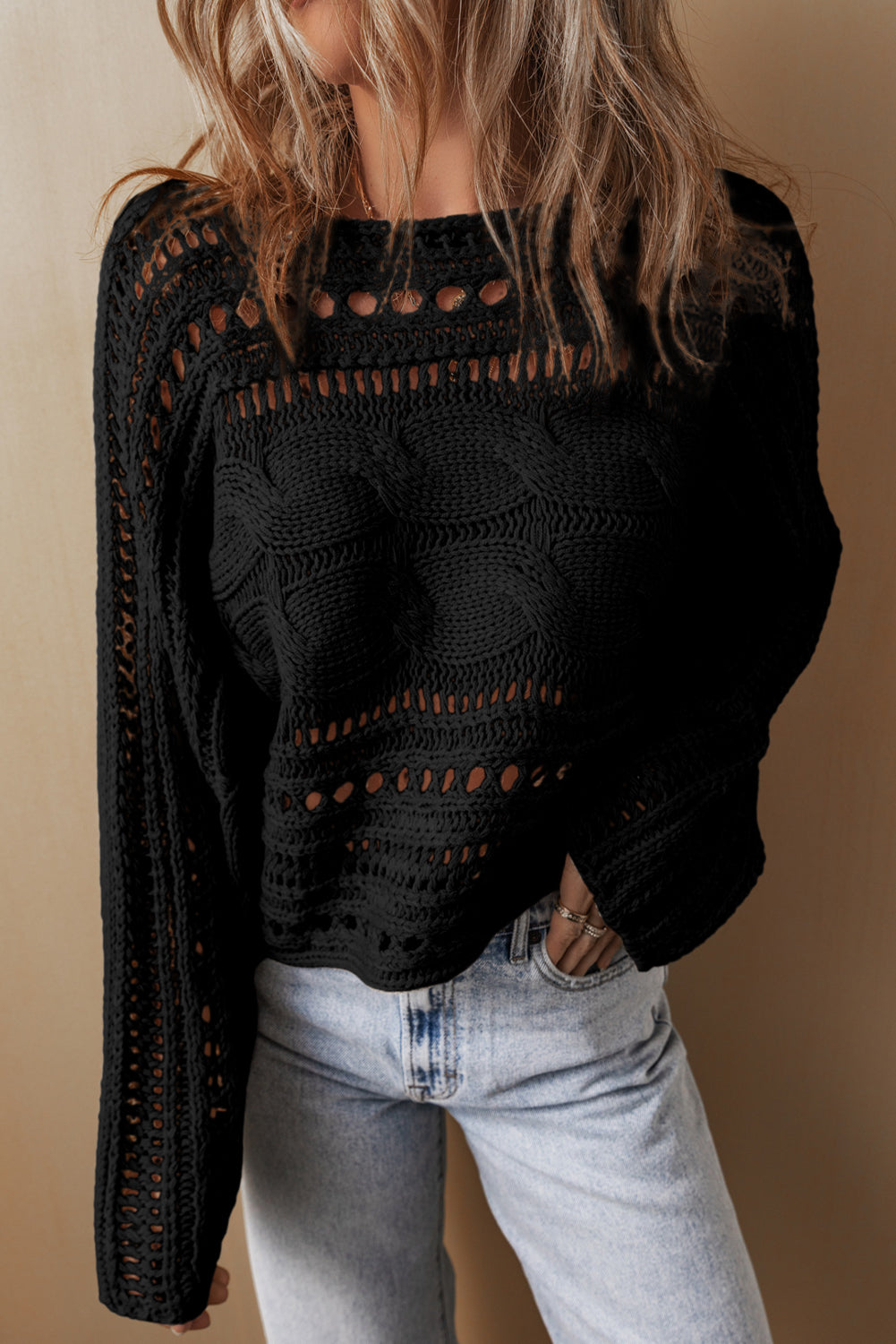 Cable Knit Crop Sweater- Black