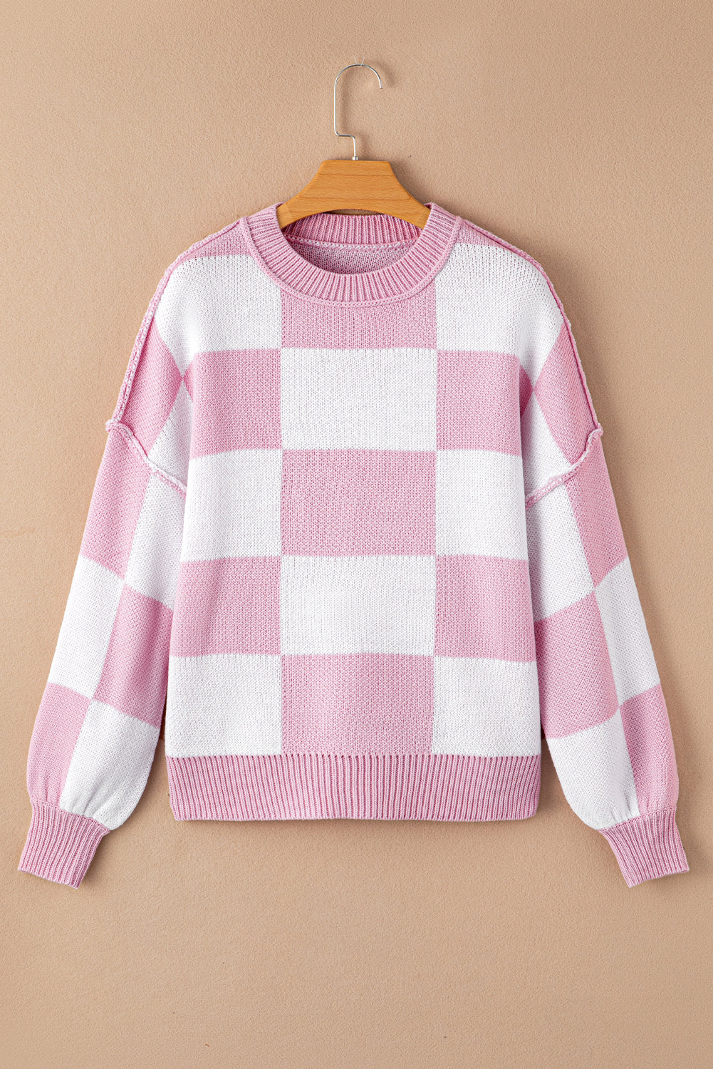 Checkered Bishop Sleeve Sweater- Pink