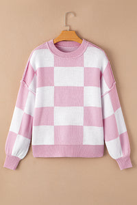 Checkered Bishop Sleeve Sweater- Pink