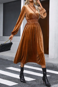 Wrap V Neck High Waist Velvet Midi Dress- Camel